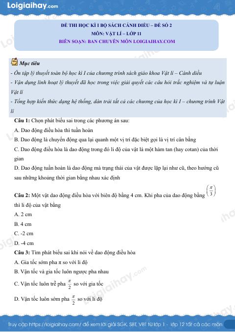 Đề thi học kì 1 Vật lí 11 Cánh diều - Đề số 2